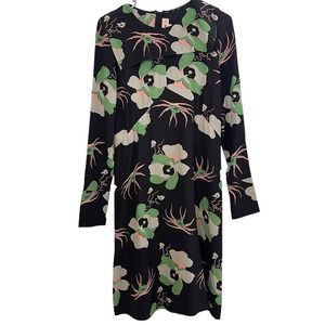 Marni Silk Black Floral Print Long Sleeve Midi Dress Size 40